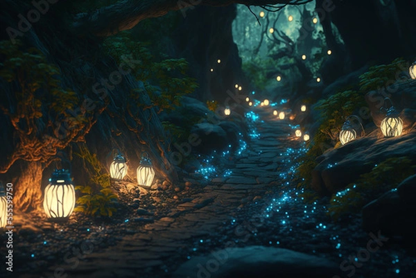 Fototapeta beautiful walking path with the stone at night time enchanted forest with beautiful lighting and fireflies.