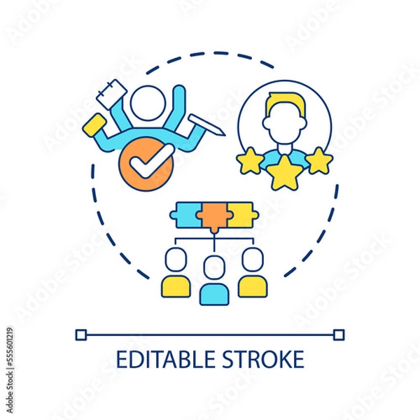 Obraz Multi-skilled employee concept icon. Talent management. Improving team productivity abstract idea thin line illustration. Soft skills. Isolated outline drawing. Editable stroke. Arial font used