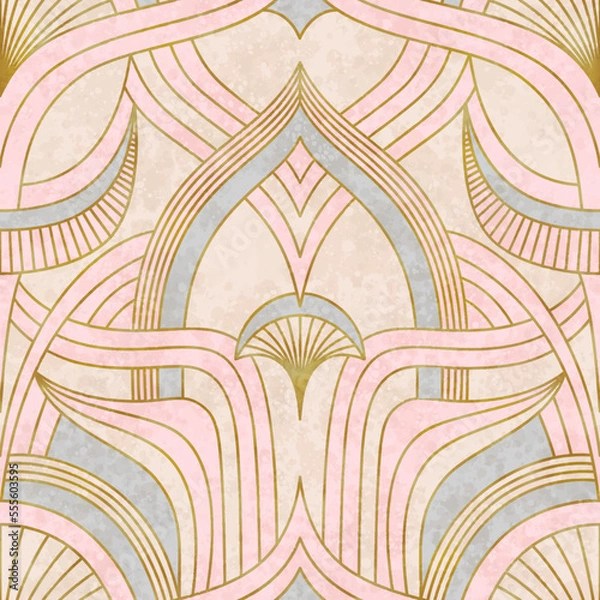 Fototapeta Artistic seamless pattern in art deco style with Asian tuch. Luxury elegant 1920s design for textile and wallpaper. Fabric print vector vintage illustartion.