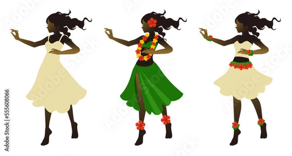 Fototapeta Illustration of hula dancing.Silhouettes of hula girls in Hawaiian cultural costumes of different design variations. Clipart on white background.