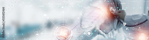 Fototapeta Double exposure Medicine doctor and health care.Health care with medical working in hospital.study,vaccine, rising growth.Photo Medical and technology concept.