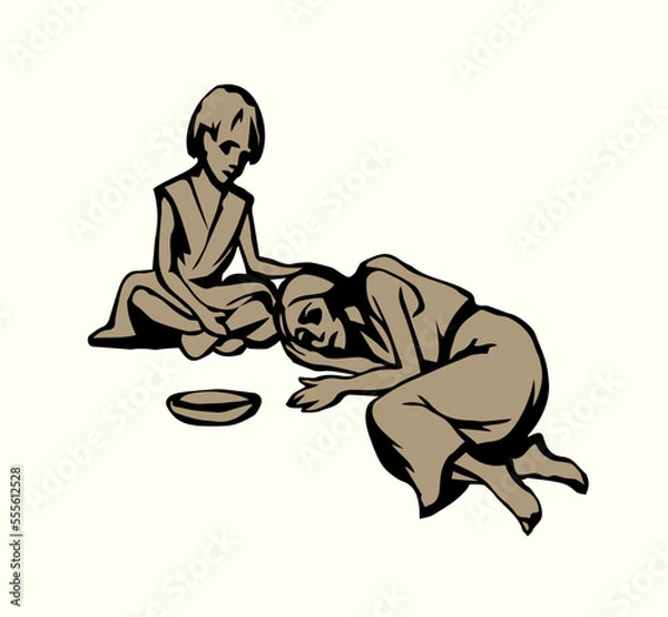 Fototapeta People suffering from hunger. Vector drawing