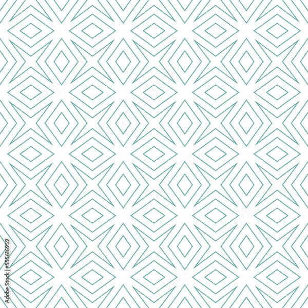Fototapeta Ikat repeating swimwear design. Turquoise symmetrical kaleidoscope background. Summer ikat sweamwear pattern. Textile ready artistic print, swimwear fabric, wallpaper, wrapping.