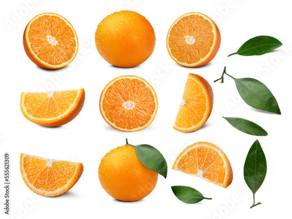 Obraz Set of whole and sliced oranges with leaves