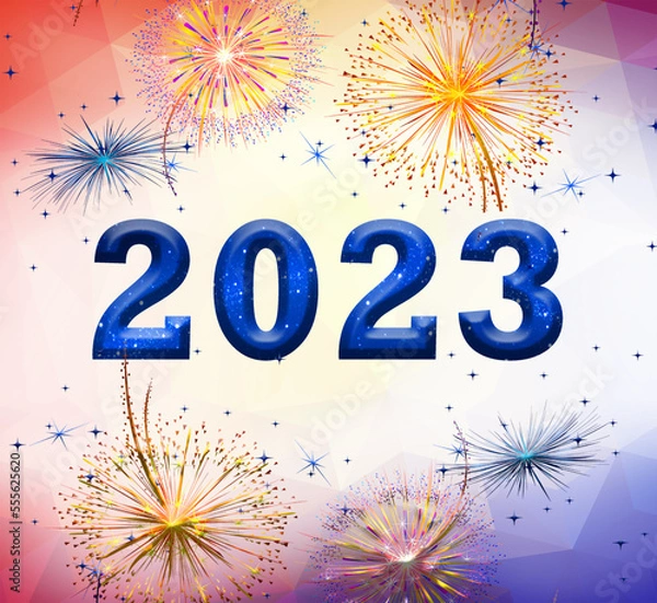 Obraz Happy holiday year new celebration creative a new design background season card eve in winter and enjoy party decoration blue abstract design golden fireworks shine elegance magic work  with ornament.