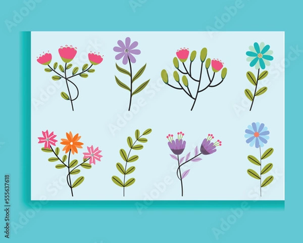 Fototapeta Set of spring colorful flowers. Set of floral branches. Isolated on white for greeting cards, Easter, and thanksgiving. Spring set, hand-drawn elements.