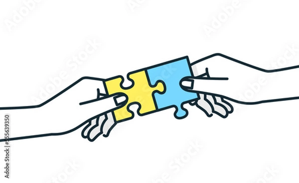 Fototapeta はまるパズルのピース。共に問題に取り組み、解決するイメージのイラスト。