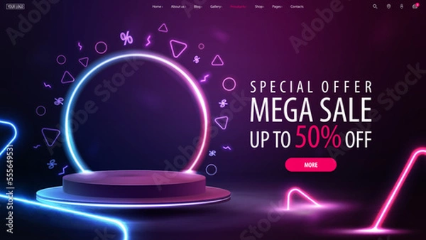 Obraz Special offer, mega sale, discount web banner with offer and empty podium floating in the air with line gradient neon ring on background and neon blue and pink triangles around