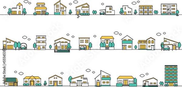 Fototapeta 建物アイコンの街並みイラストセット（シンプルカラー）