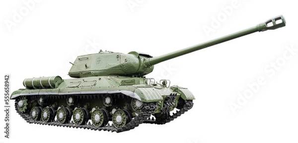 Obraz Military green tank on caterpillars with a cannon front bottom and front right side view close-up isolated on a transparent background.