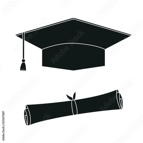 Obraz Black graduation hat and education diploma scroll. Graduation celebration cap pictogram for web and applications. Vector icon isolated on white background.