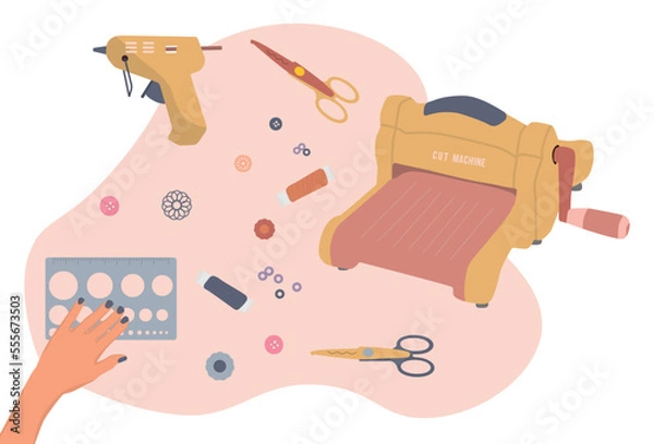 Fototapeta Scrapbooking tools. Cutting machine, ruler, threads, scissors with hand
