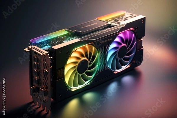 Obraz Graphics card. Modern gaming GPU with RGB neon lights, graphics processing unit, generative ai