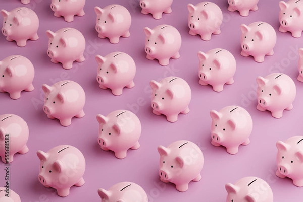 Fototapeta Array of pink piggy banks on pink background. Illustration of the concept of personal savings and financial investment