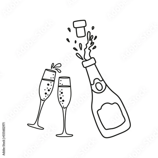 Fototapeta A pair of hand-painted glasses and a bottle of champagne. For birthday, New Year, Christmas, wedding, engagement. Doodle, vector illustration. A postcard, a package, a badge, an invitation to a party.