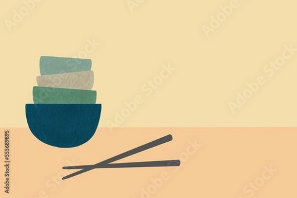 Obraz Handmade illustration of empty food bowls stacked in a tower with chopsticks next to them, on brown background. Food concept.