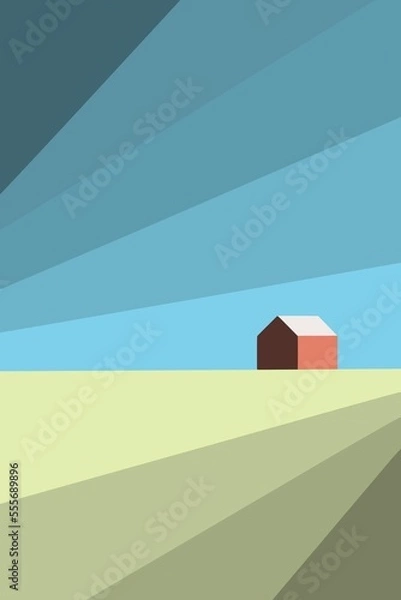 Obraz Handmade illustration of a country landscape in geometric style with a building