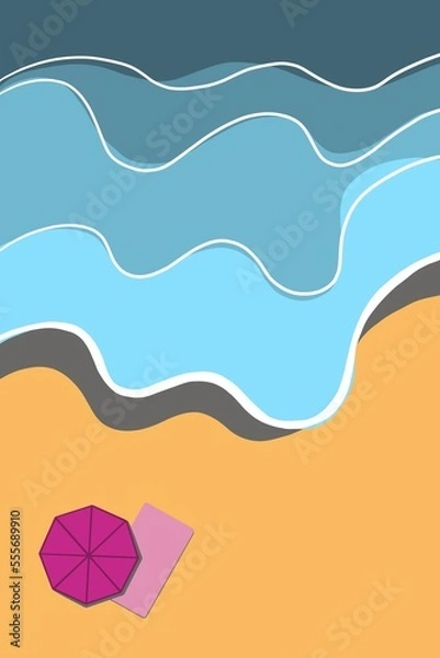 Obraz Handmade illustration seen from above of a seashore during a summer day with a towel and umbrella on the sand.