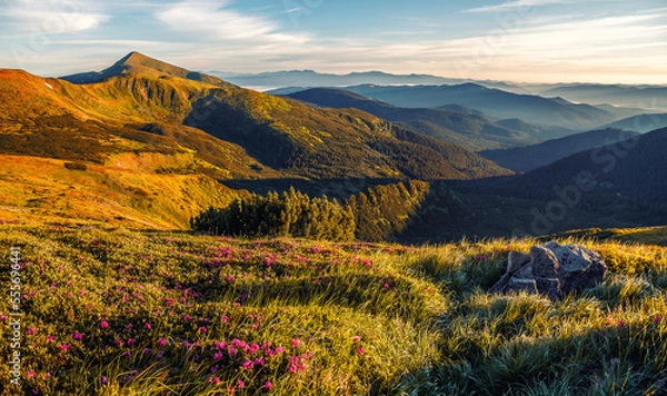 Obraz Wspaniała panorama gór. imponująco piękny letni krajobraz w górach. Zdjęcie dzikiego obszaru. Niesamowite naturalne tło.