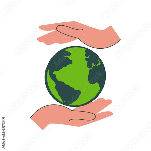 Fototapeta Human hand holds small Earth with love and care. Concept of ecological movement and responsibility for nature. Green planet in the arm. Vector illustration