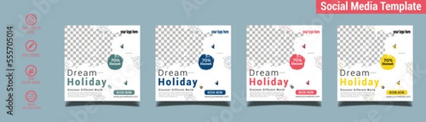 Fototapeta Holiday travel, traveling or summer beach traveling social media post or web banner template design. Tourism business marketing flyer or poster with abstract digital background, logo and icon.