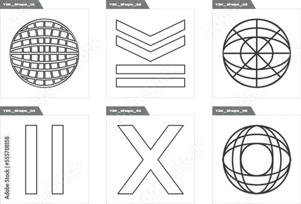 Obraz Set of Y2K style vectors of objects. Trendy geometric postmodern figures. Flat minimalist icons. Isolated on black background. Vector illustration