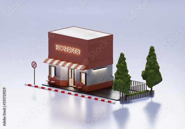 Obraz 3D Rendering Hamburger  Shop In Isometric Exterior Background