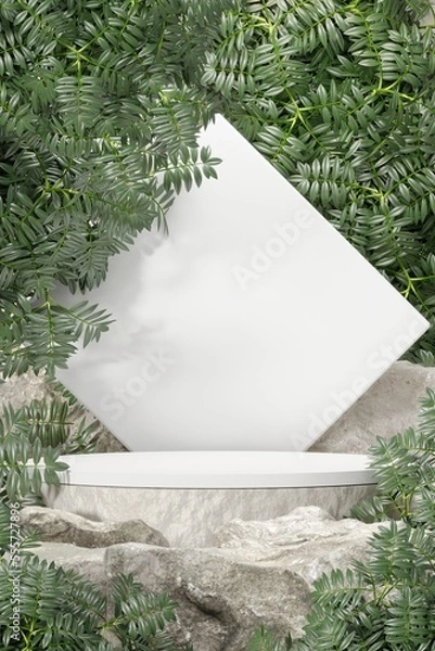Obraz Rock stone white podium Blank product shelf standing backdrop.