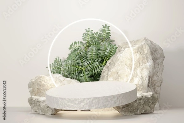 Obraz Rock stone white podium Blank product shelf standing backdrop.