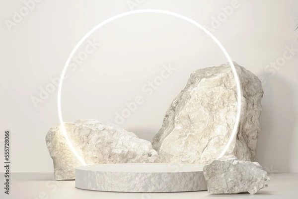 Obraz Rock stone white podium Blank product shelf standing backdrop.