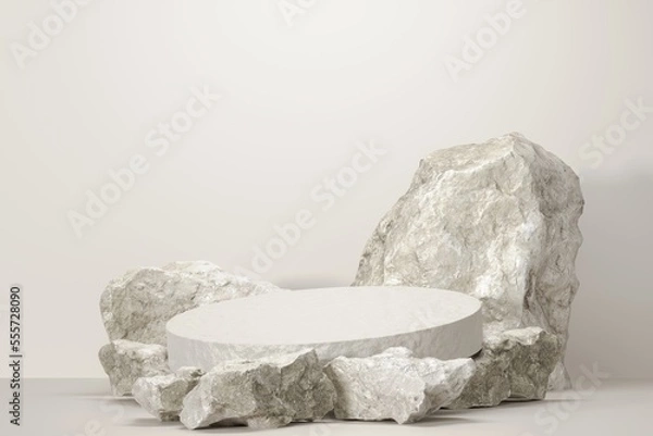 Obraz Rock stone white podium Blank product shelf standing backdrop.