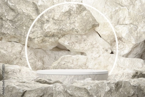 Obraz Rock stone white podium Blank product shelf standing backdrop.