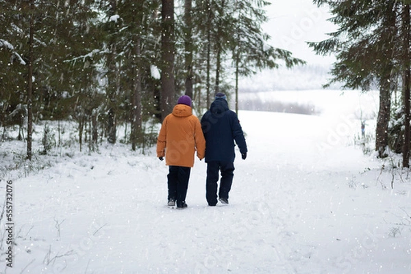 Fototapeta An elderly couple, a woman and a man are walking in a winter forest.