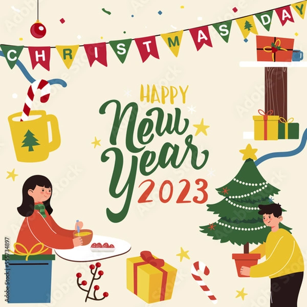 Obraz Merry Christmas and Happy new year 2023 greeting card. Christmas set. Holiday set of Christmas. Merry Christmas and Happy new year Frame.