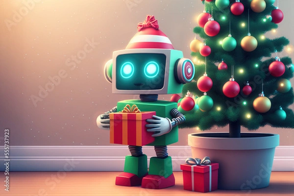 Fototapeta Cute baby robot stands in a room in front of decorated Christmas tree holding gift box. Generative AI illustration with copy space