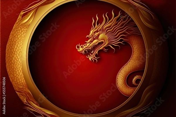 Obraz Red chinese dragon in circle with flames on red