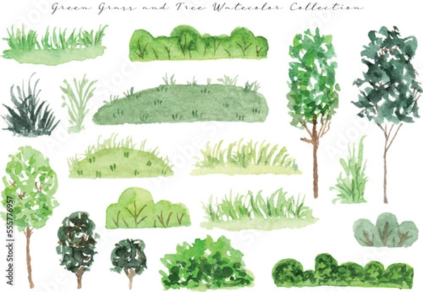 Fototapeta a set of cute green hand painted grass, tree, and lawn
