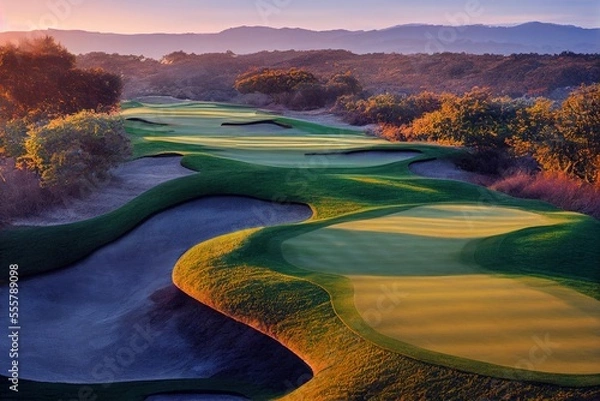 Obraz beautiful golf course at sunset or sunrise, generative ai