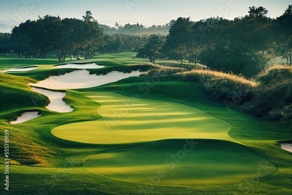 Obraz beautiful golf course at sunset or sunrise, generative ai
