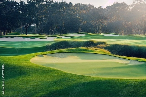 Obraz beautiful golf course at sunset or sunrise, generative ai