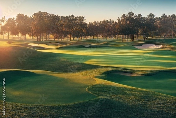 Obraz beautiful golf course at sunset or sunrise, generative ai