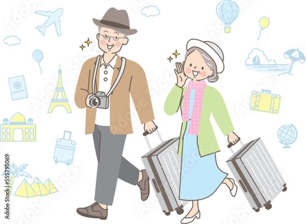 Fototapeta 仲良く旅行する中年夫婦のイラスト素材