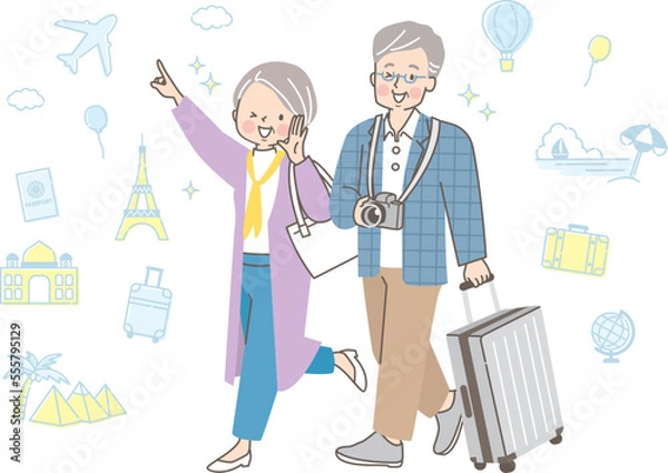 Fototapeta 仲良く旅行する中年夫婦のイラスト素材