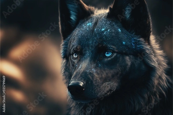 Fototapeta Black wolf with blue eyes, beautiful wild animal