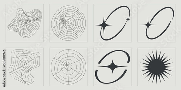 Obraz Set of Y2K style vectors of objects. Big collection of abstract graphic geometric symbols. Cyberpunk elements. Anti-design. Vector illustration