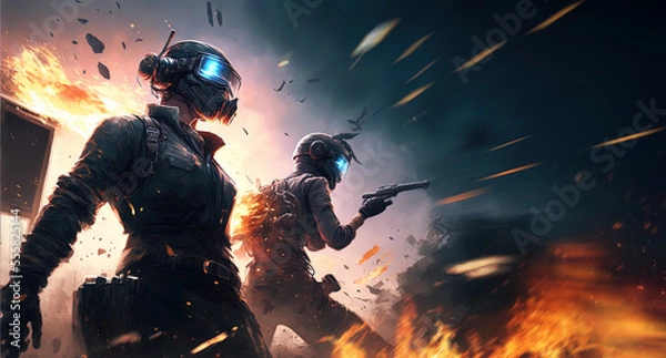 Fototapeta Dramatic video game style key art with heroic characters and dynamic explosion and combat.
