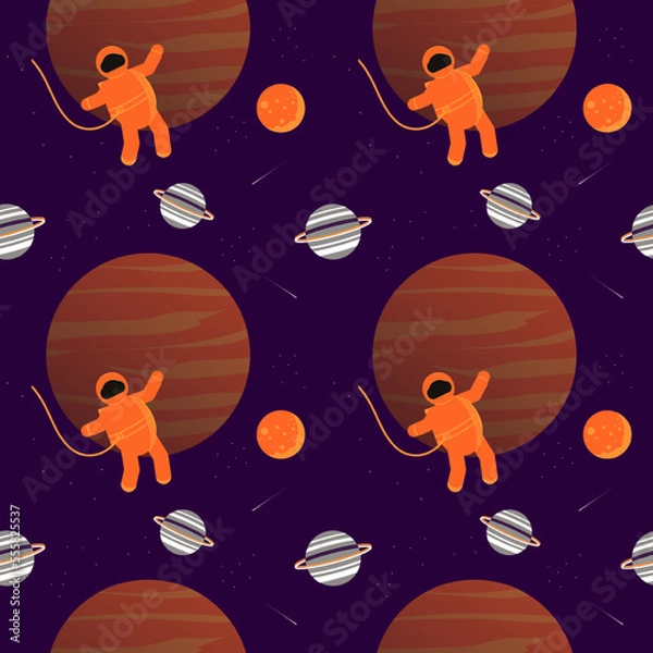 Fototapeta Space elements have a seamless pattern. Space background vector illustration. Seamless pattern with the planet, astronaut, and moon elements for scrapbooks, wrapping paper, and wallpaper.