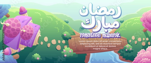 Fototapeta Landscape illustration of Ramadan Mubarak With Cute Mosque And Flowers Beside The River. Good for greeting card, banner, or other template