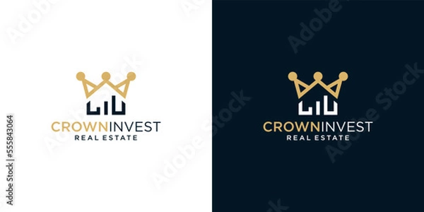 Fototapeta Crown logo design template with building house and chart investment financial graphic design illustration. icon, symbol, creative.
