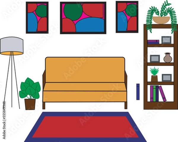 Fototapeta Living room flat illustration. Comfortable sofa and house plants. Vector flat style illustration